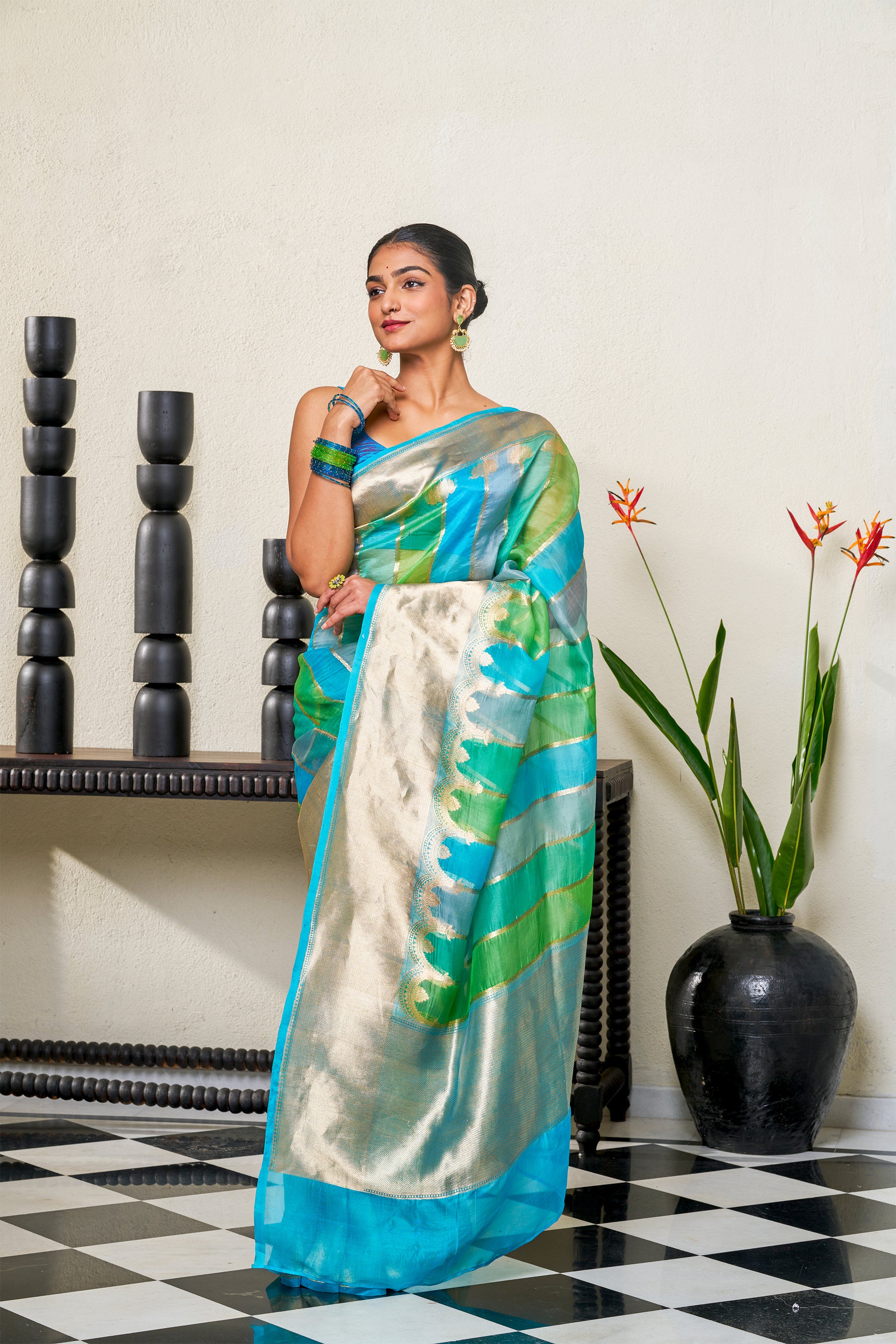Teal Blue & Light Teal Green Organza Silk Saree