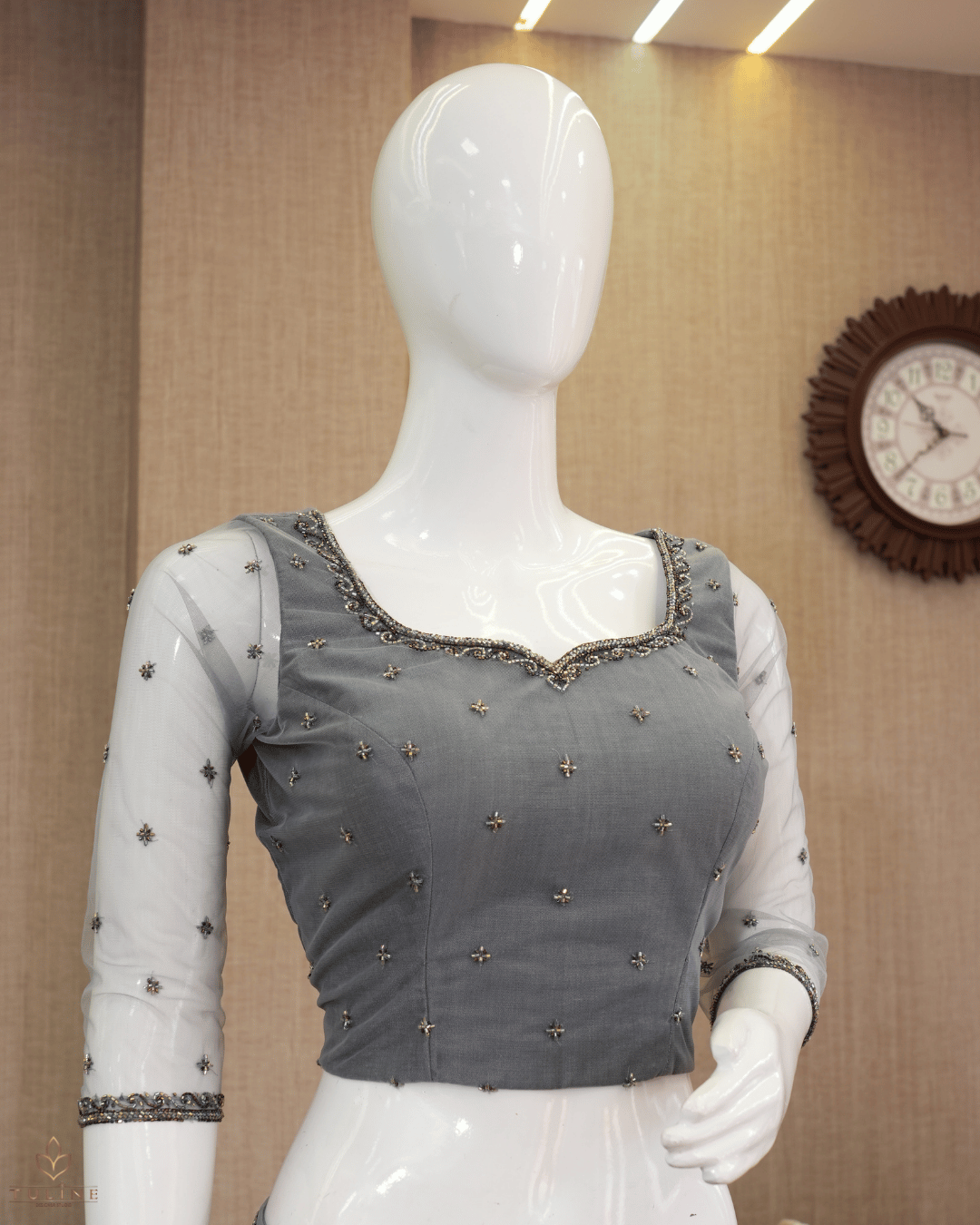 Elegant Cool Grey Net Skirt & Embellished Crop Top Set - Product Code 10296