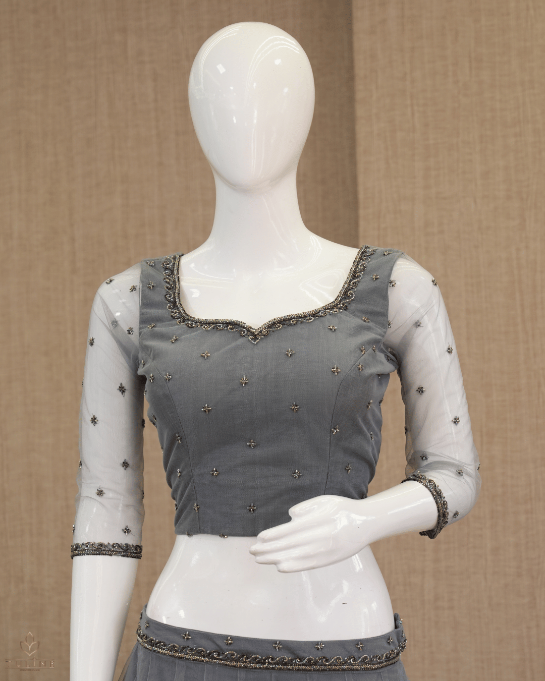 Elegant Cool Grey Net Skirt & Embellished Crop Top Set - Product Code 10296