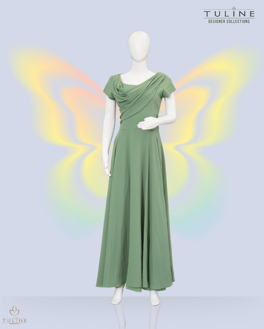 Chiffon Umbrella Gown with Yoke Draping – Granite Green - Product Code 10335
