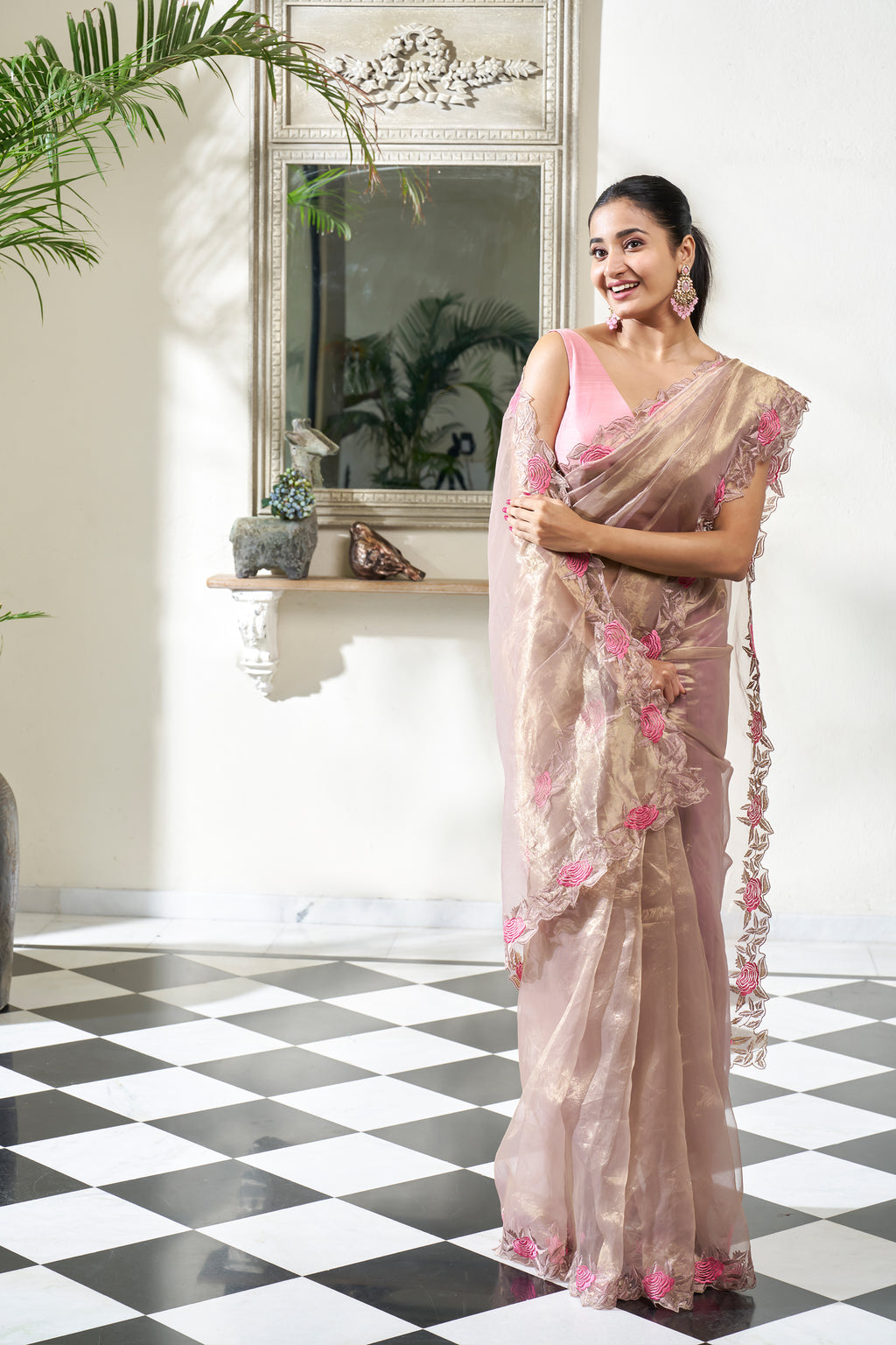 Warm Beige Pink Organza Silk Saree