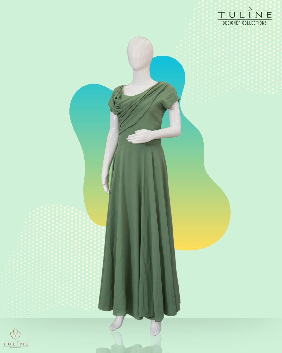 Chiffon Umbrella Gown with Yoke Draping – Granite Green - Product Code 10335