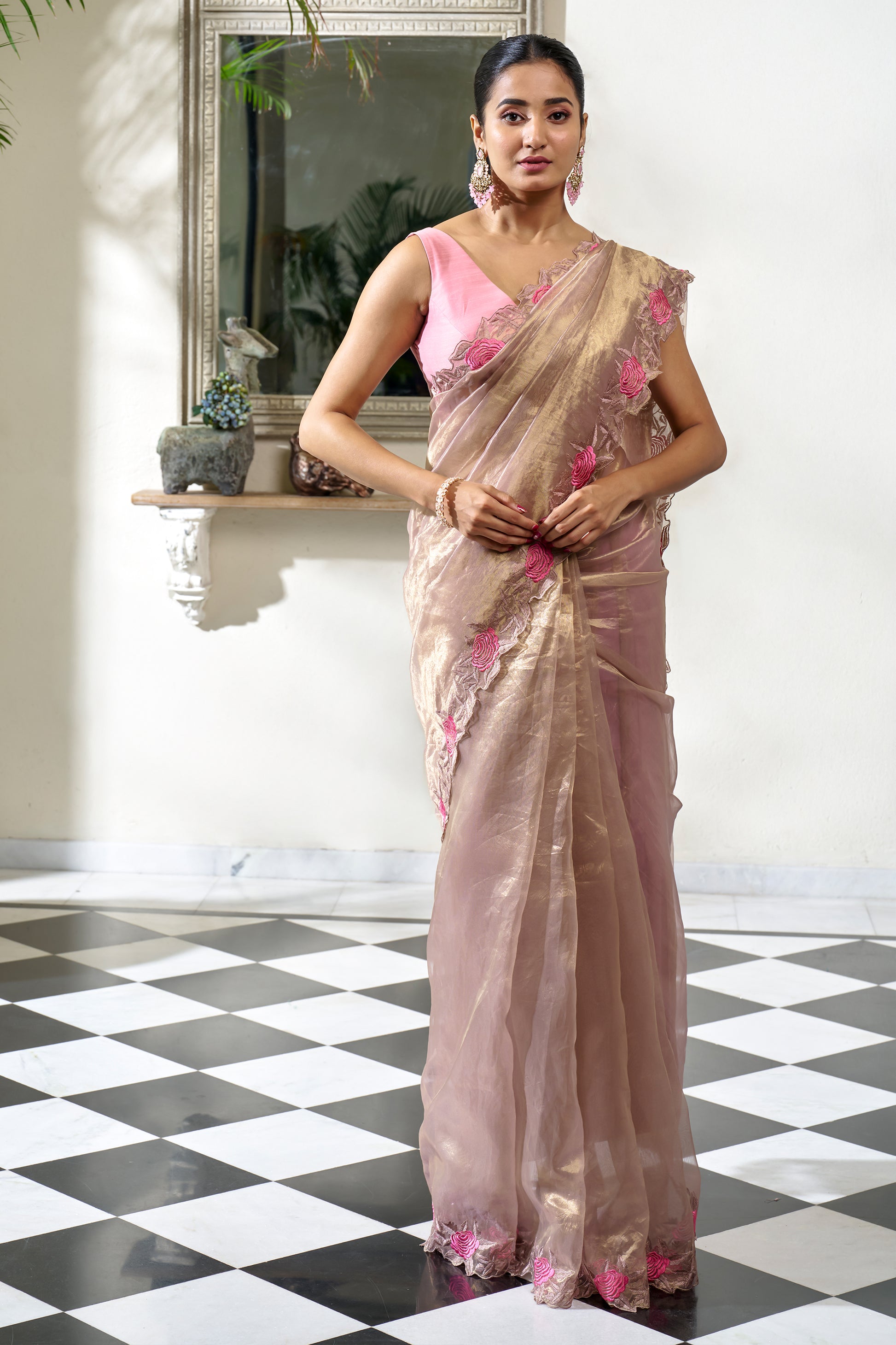 Warm Beige Pink Organza Silk Saree