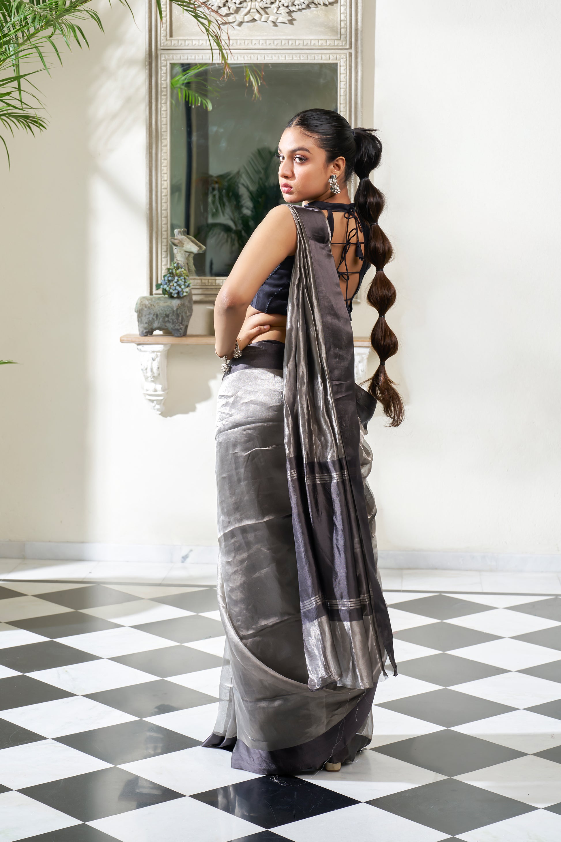 Ash Grey & Black Tissue Saree