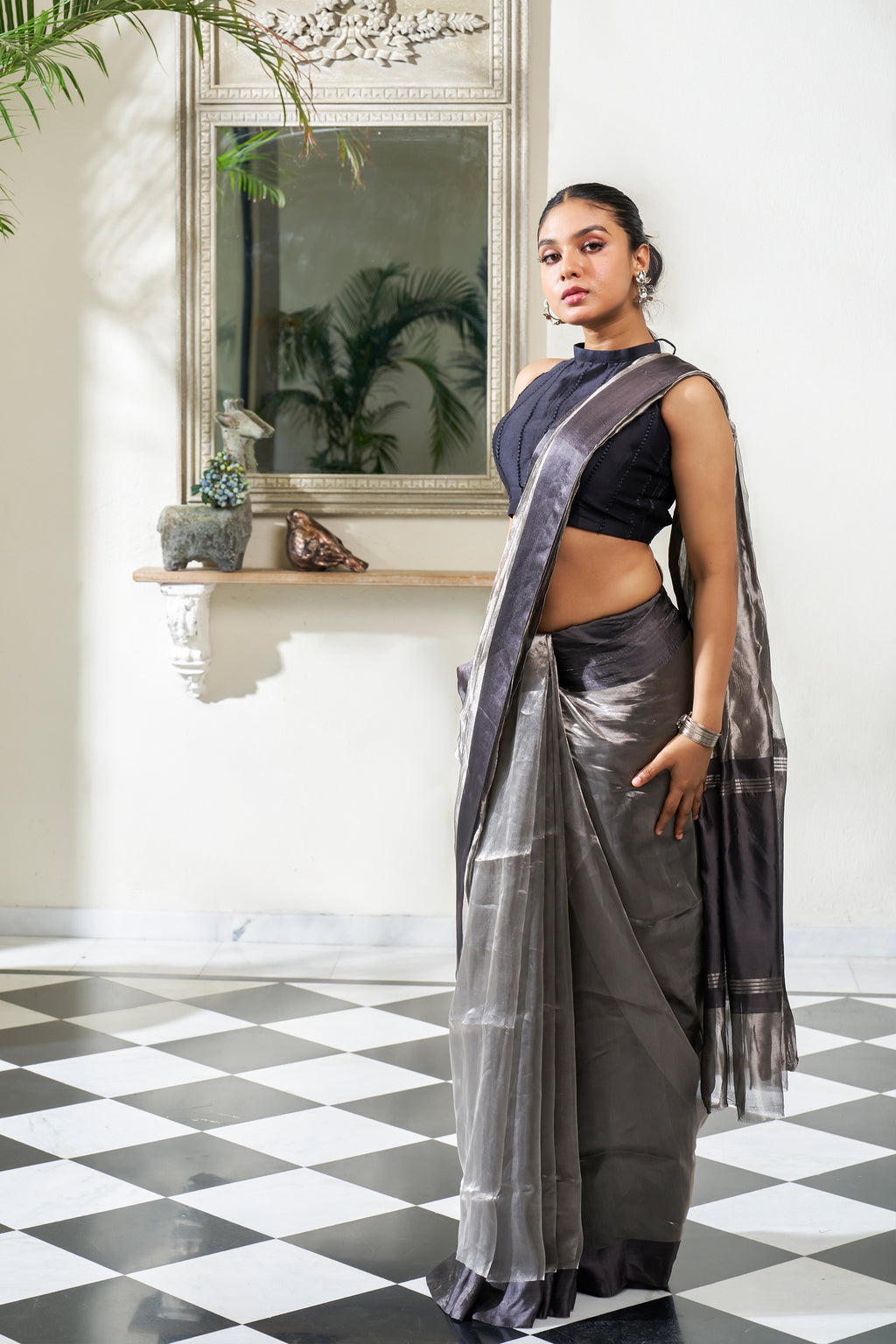 Ash Grey & Black Tissue Saree