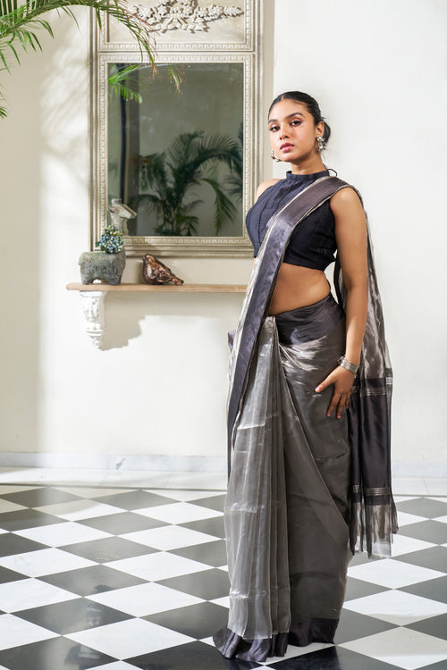 Ash Grey & Black Tissue Saree