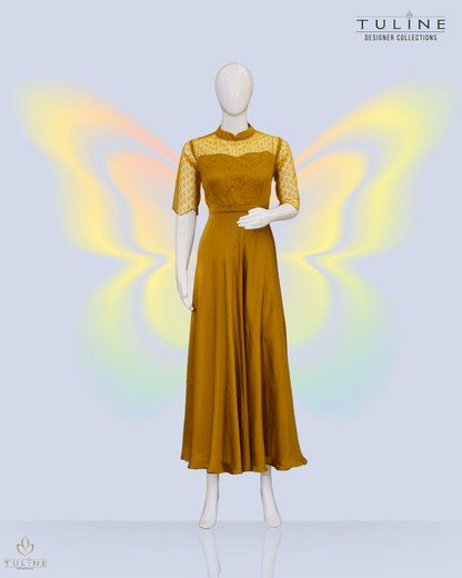 Deep Amber Umbrella Gown in Chiffon with Pleated Worked Yoke - Product Code 10336
