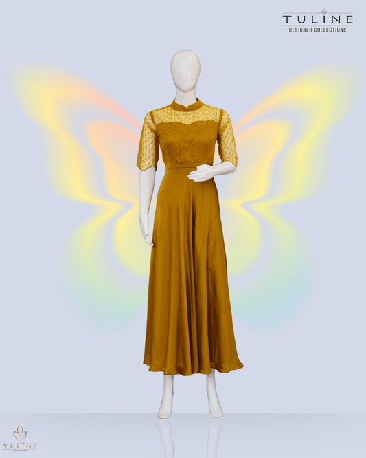 Deep Amber Umbrella Gown in Chiffon with Pleated Worked Yoke - Product Code 10336