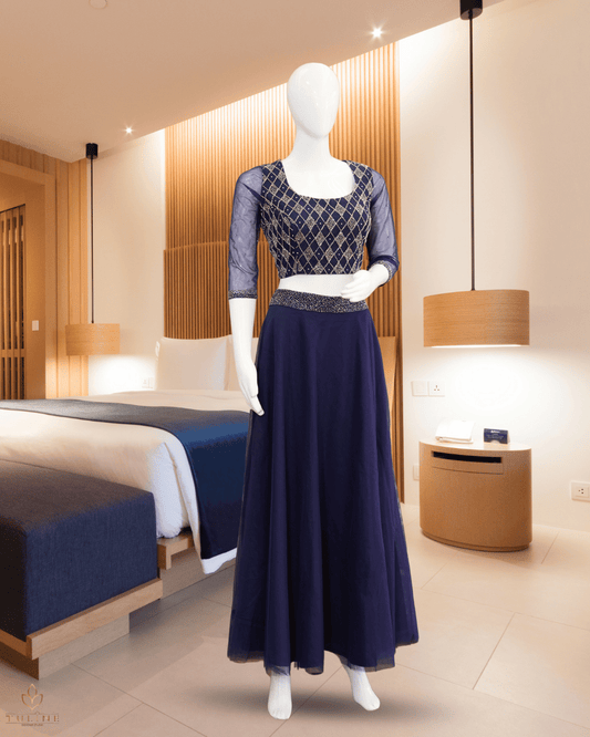 Sophisticated Navy Blue Net Crop Top Lehenga - Product Code 10298