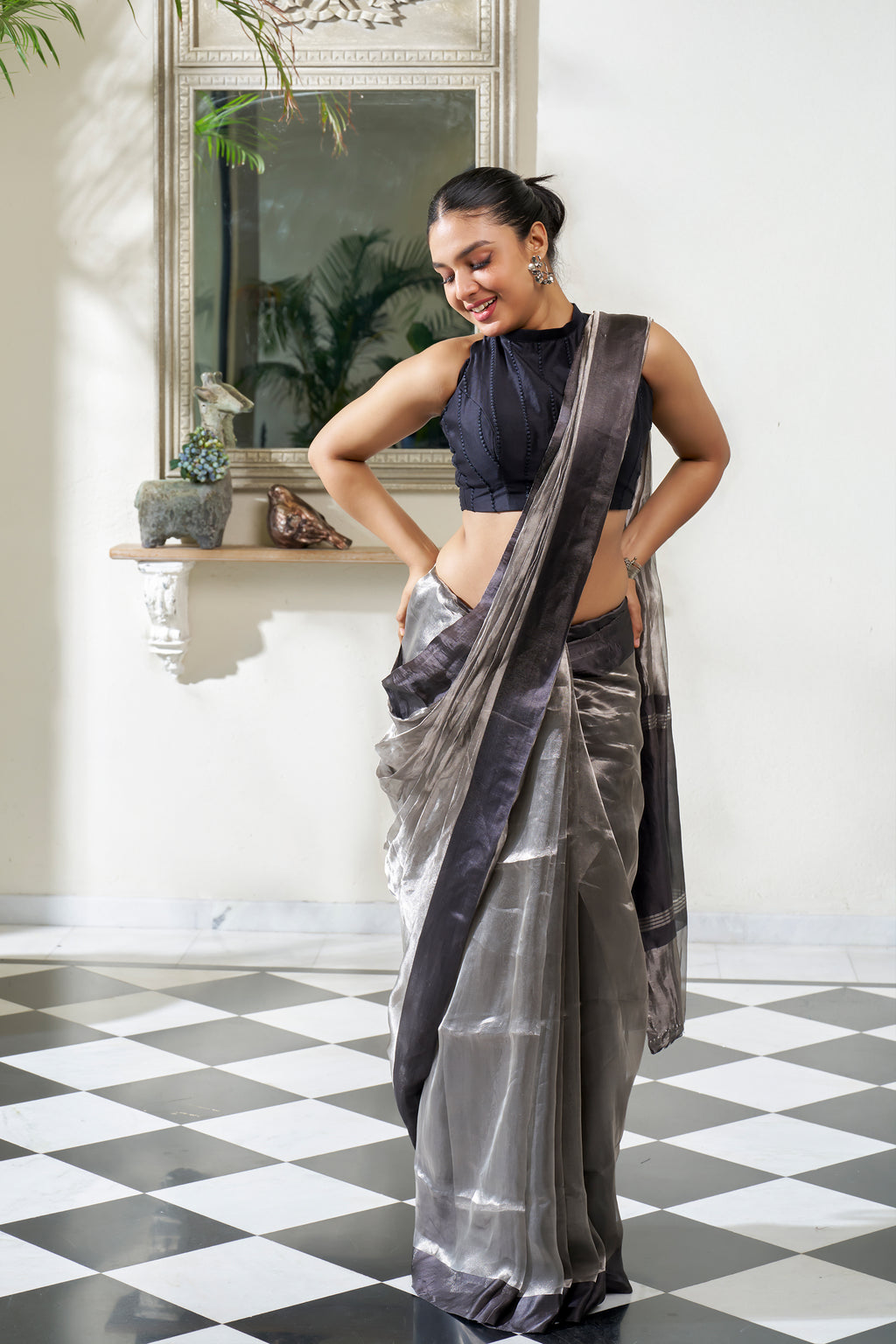Ash Grey & Black Tissue Saree