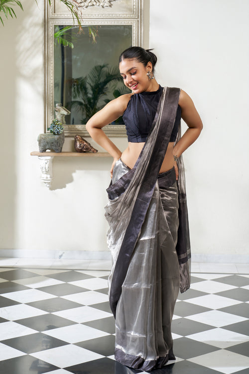 Ash Grey & Black Tissue Saree