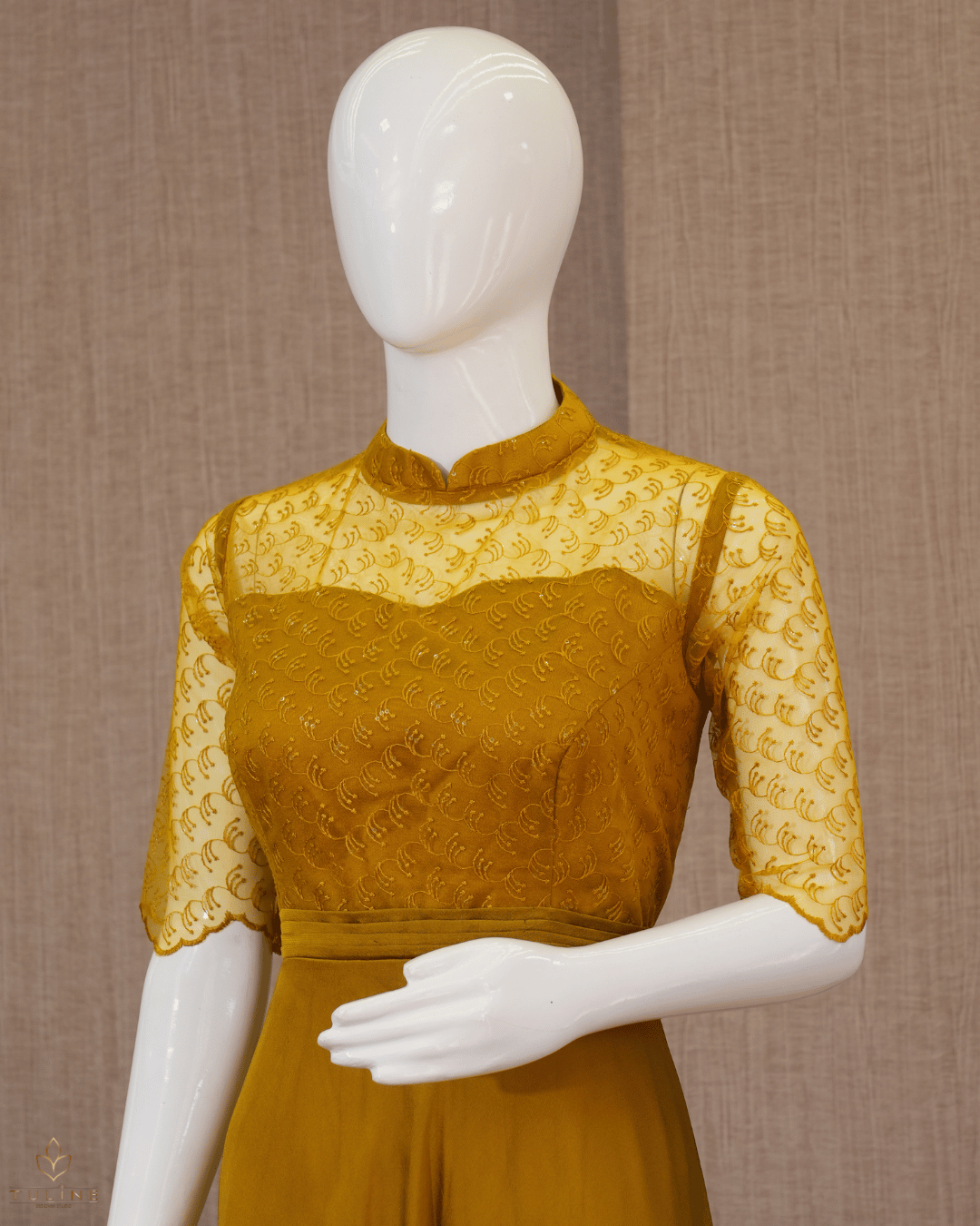 Deep Amber Umbrella Gown in Chiffon with Pleated Worked Yoke - Product Code 10336