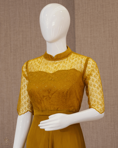 Deep Amber Umbrella Gown in Chiffon with Pleated Worked Yoke - Product Code 10336