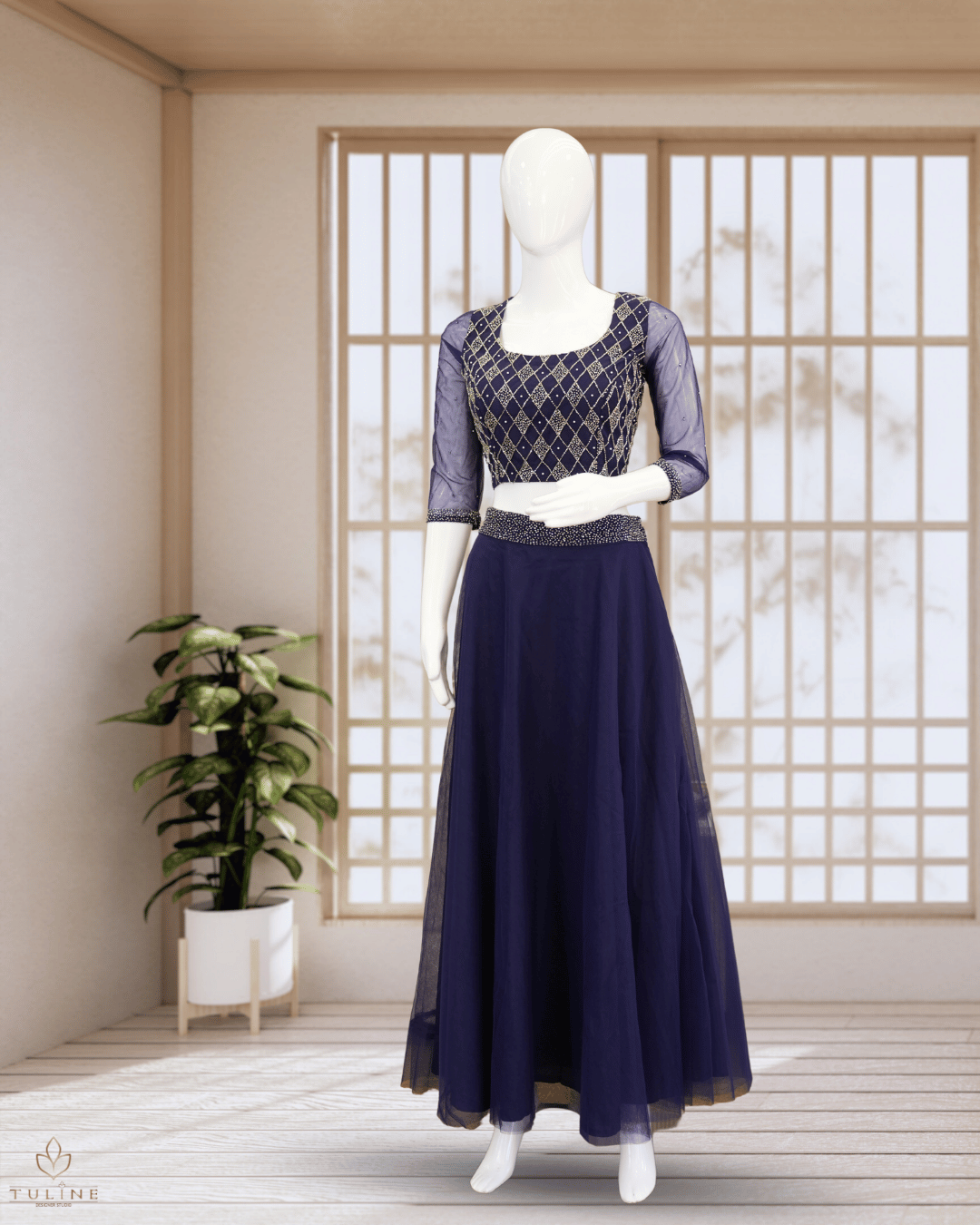 Sophisticated Navy Blue Net Crop Top Lehenga - Product Code 10298
