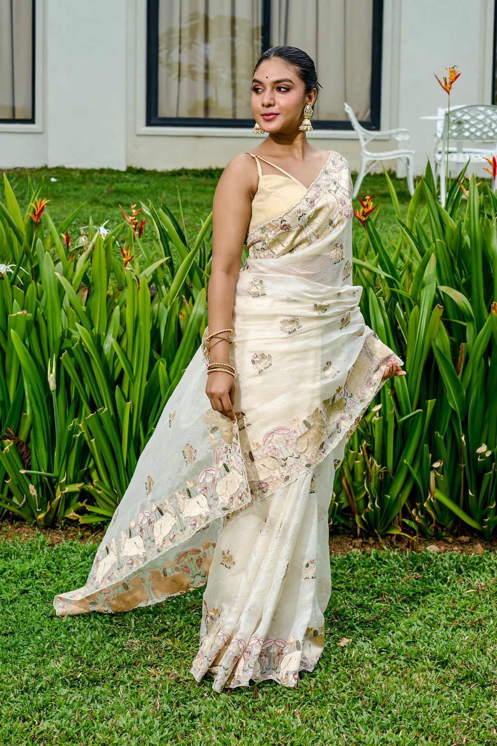 Off White Net Cotta Saree