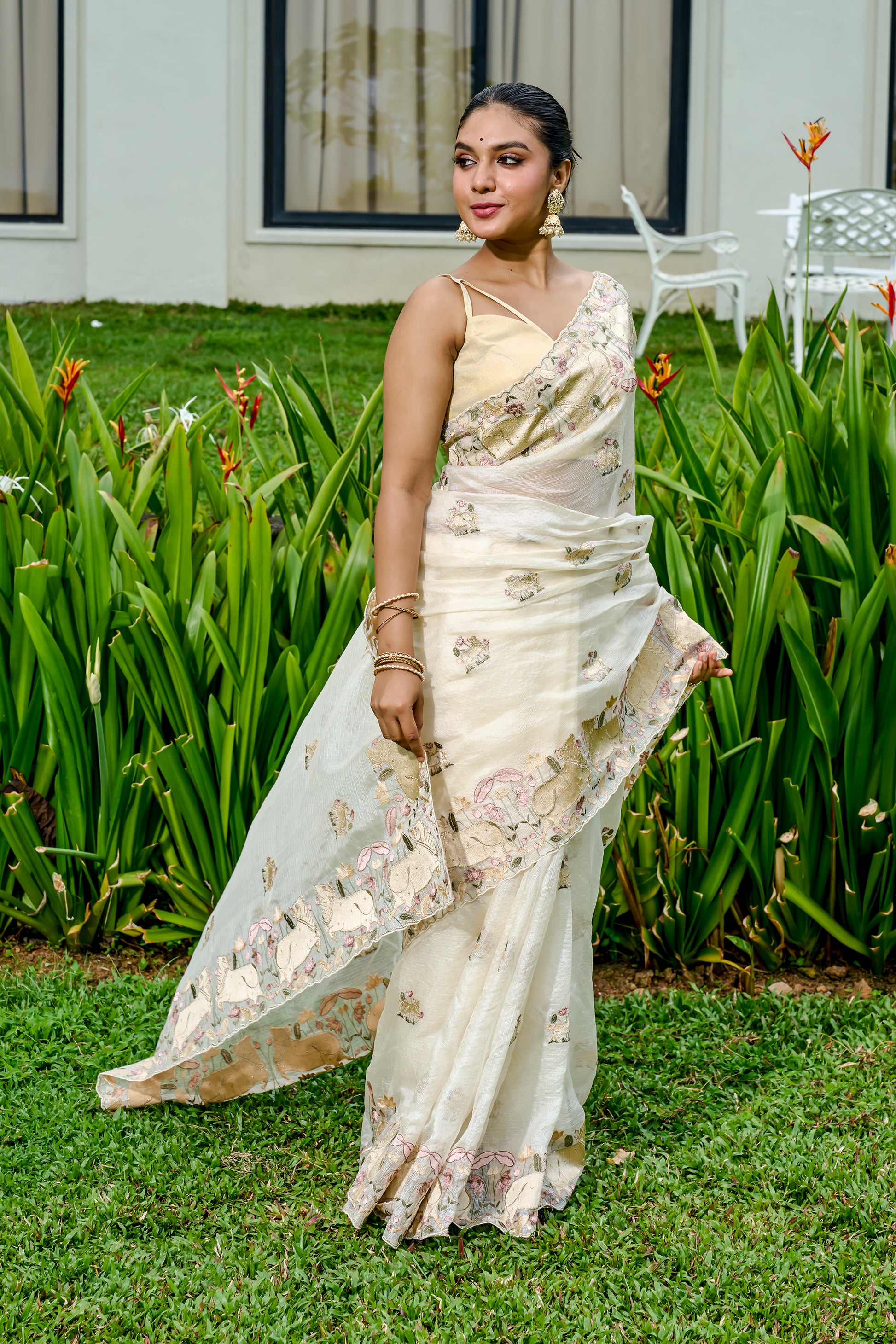 Off White Net Cotta Saree