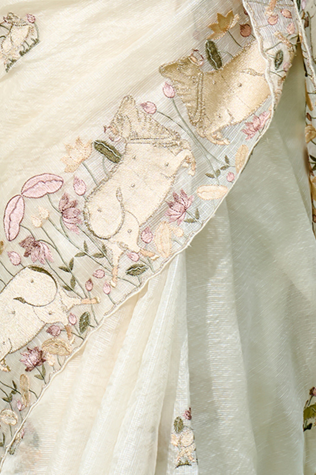 Off White Net Cotta Saree