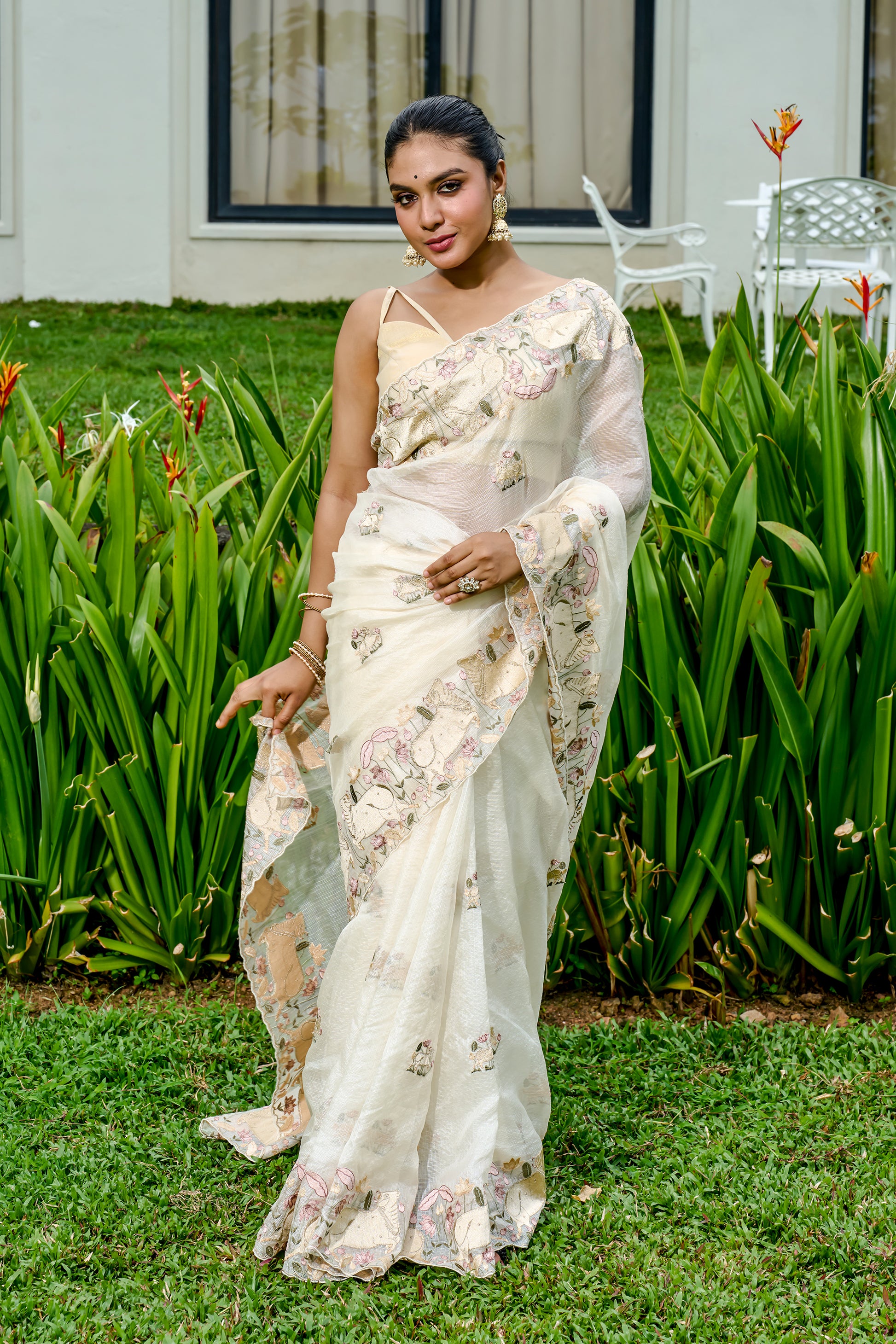 Off White Net Cotta Saree