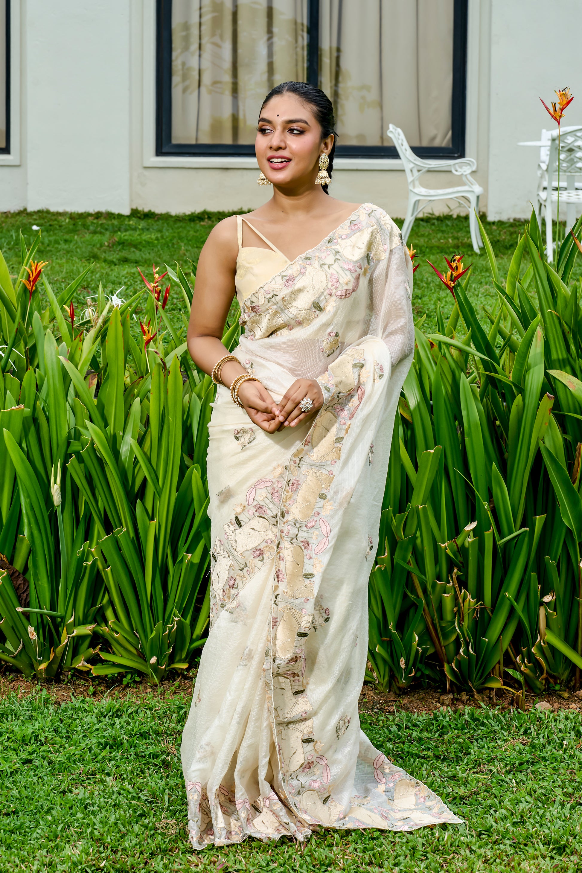 Off White Net Cotta Saree