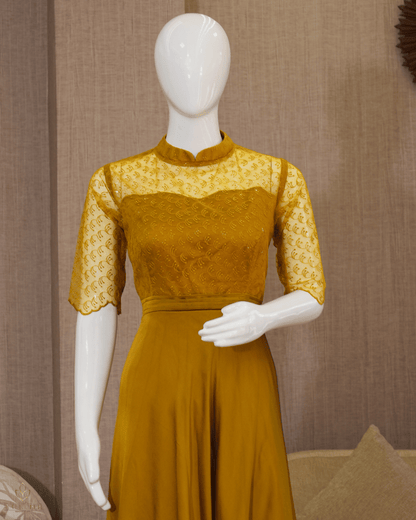 Deep Amber Umbrella Gown in Chiffon with Pleated Worked Yoke - Product Code 10336