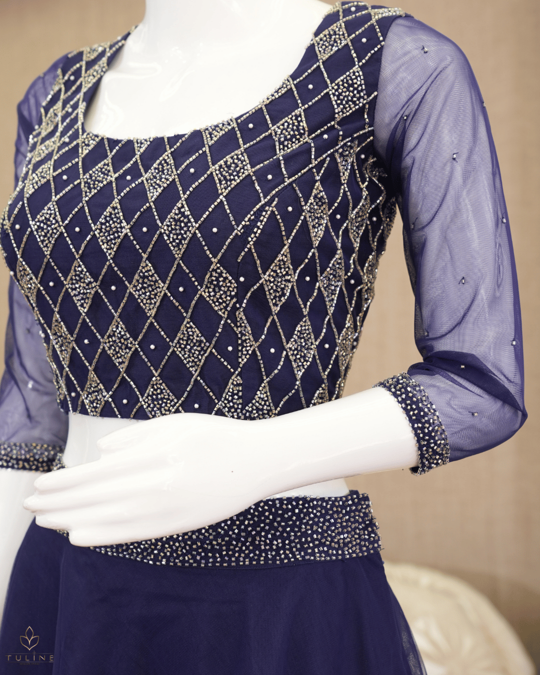 Sophisticated Navy Blue Net Crop Top Lehenga - Product Code 10298