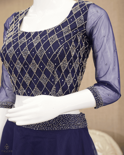Sophisticated Navy Blue Net Crop Top Lehenga - Product Code 10298