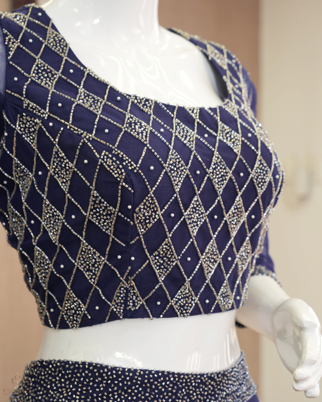 Sophisticated Navy Blue Net Crop Top Lehenga - Product Code 10298