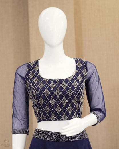 Sophisticated Navy Blue Net Crop Top Lehenga - Product Code 10298