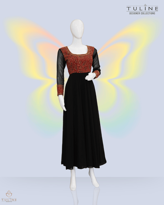 Panel Cut Top in Chiffon with Ajrak Print Yoke & Sleeves – Black & Brown Hue - Product Code 10337
