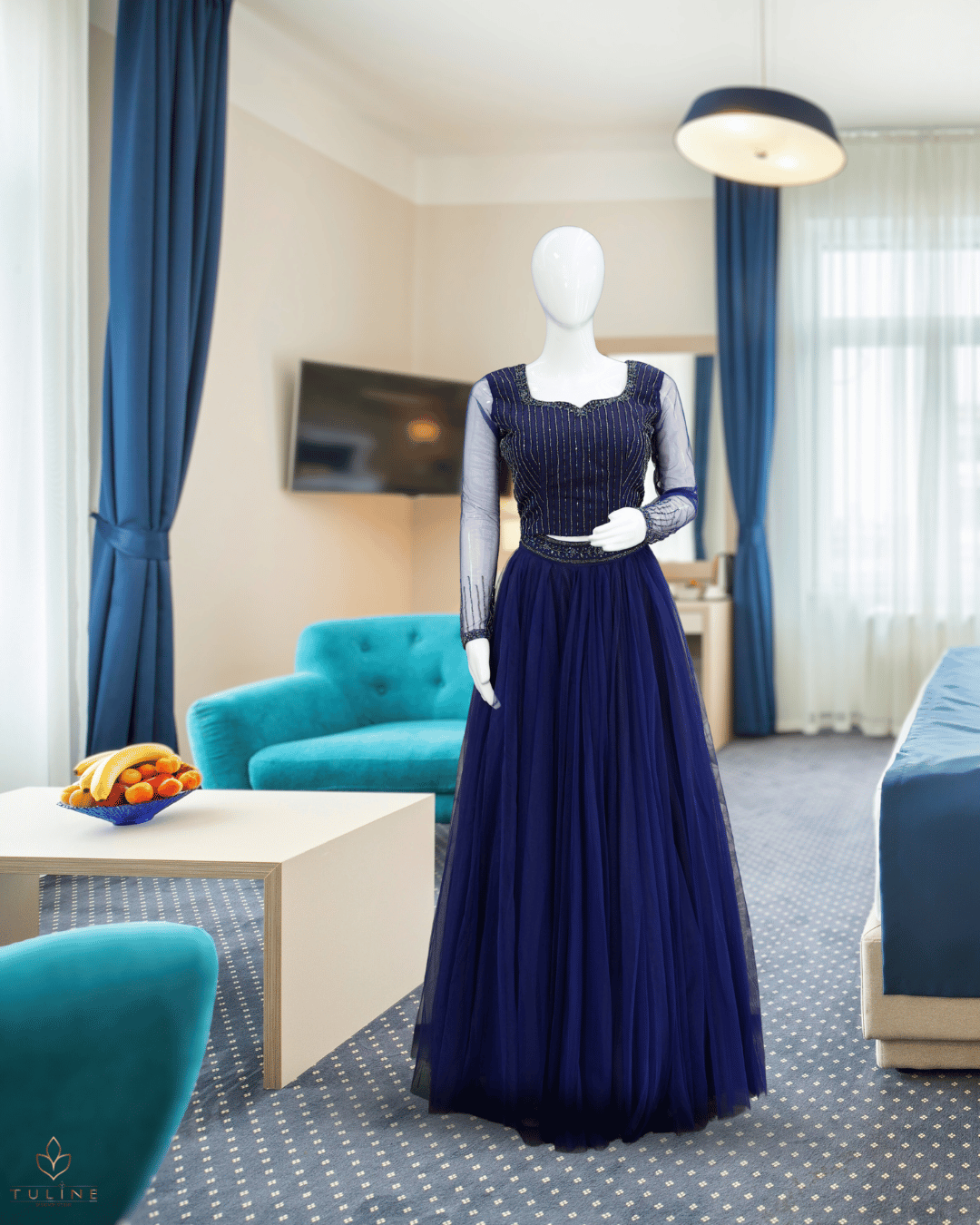 Elegant Deep Blue Net Skirt & Crop Top Set with Hand Bead Work - Product Code10299