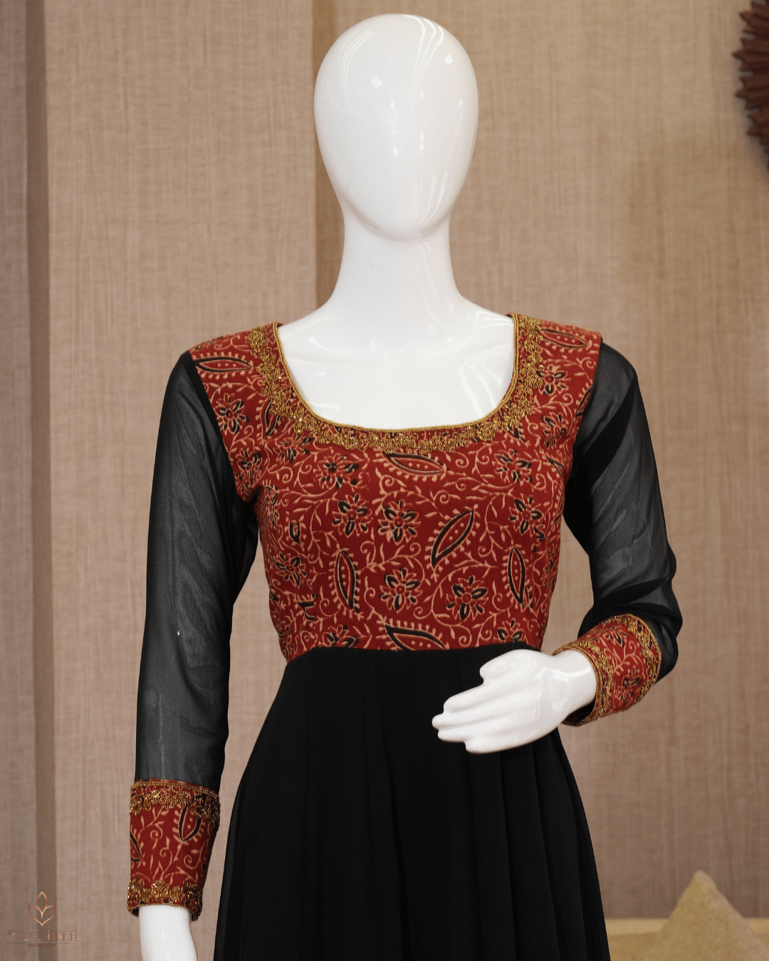 Panel Cut Top in Chiffon with Ajrak Print Yoke & Sleeves – Black & Brown Hue - Product Code 10337