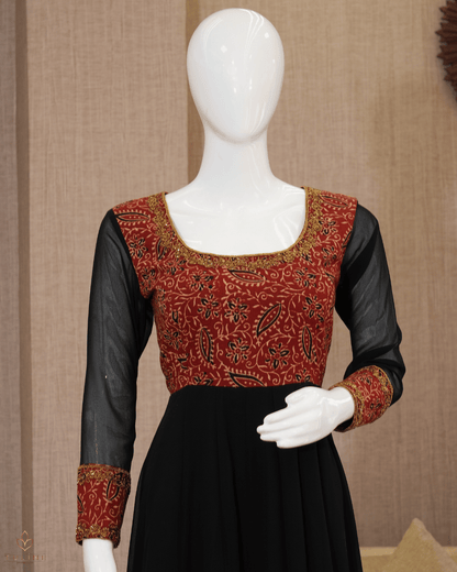 Panel Cut Top in Chiffon with Ajrak Print Yoke & Sleeves – Black & Brown Hue - Product Code 10337