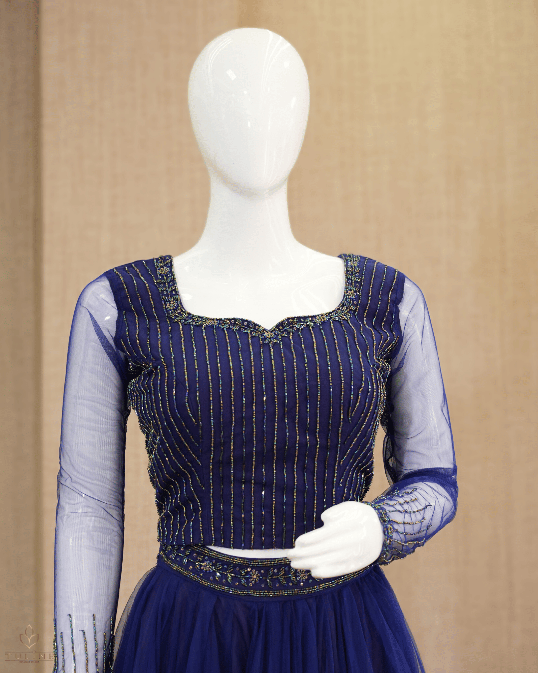 Elegant Deep Blue Net Skirt & Crop Top Set with Hand Bead Work - Product Code10299
