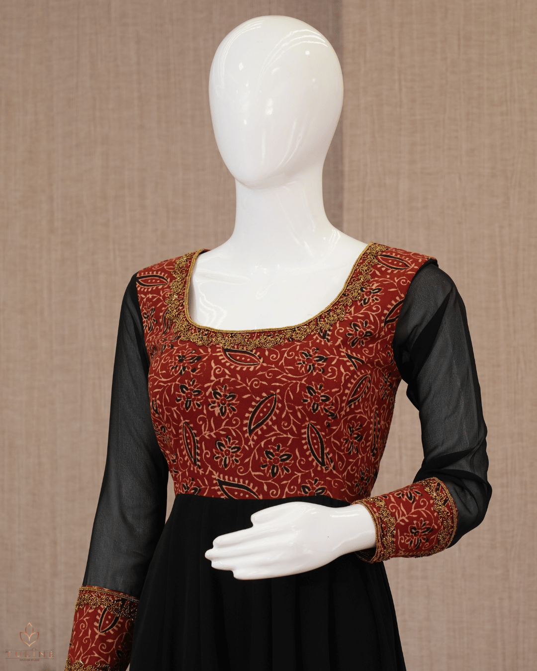 Panel Cut Top in Chiffon with Ajrak Print Yoke & Sleeves – Black & Brown Hue - Product Code 10337