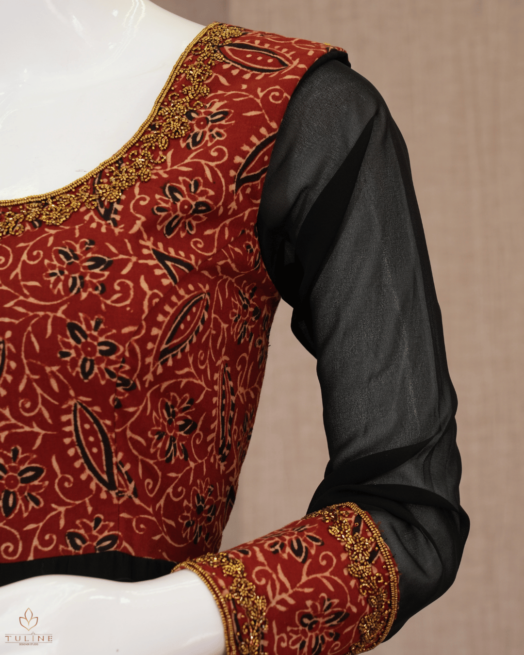 Panel Cut Top in Chiffon with Ajrak Print Yoke & Sleeves – Black & Brown Hue - Product Code 10337