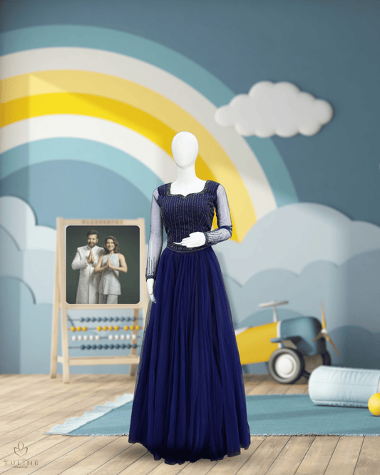 Elegant Deep Blue Net Skirt & Crop Top Set with Hand Bead Work - Product Code10299