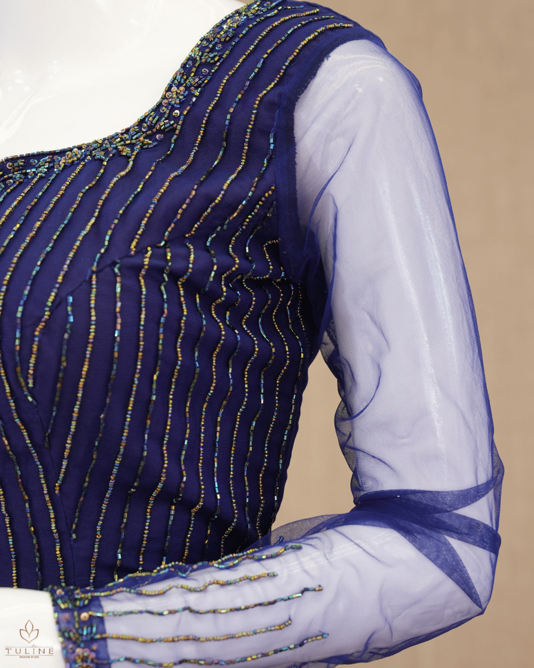 Elegant Deep Blue Net Skirt & Crop Top Set with Hand Bead Work - Product Code10299