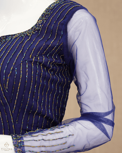 Elegant Deep Blue Net Skirt & Crop Top Set with Hand Bead Work - Product Code10299