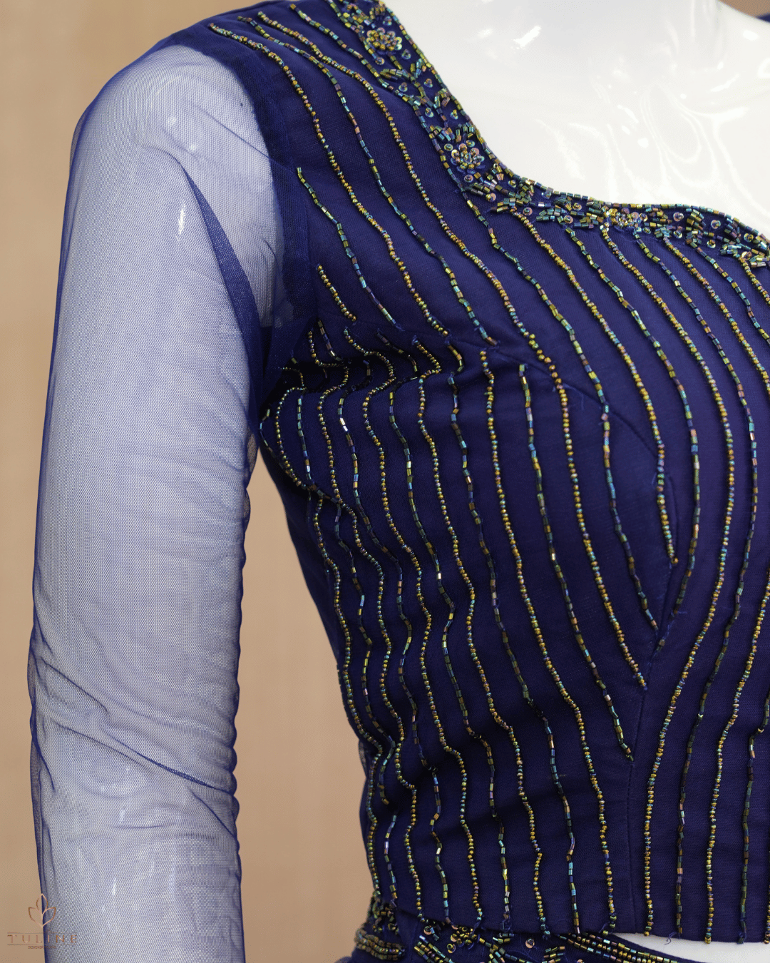 Elegant Deep Blue Net Skirt & Crop Top Set with Hand Bead Work - Product Code10299
