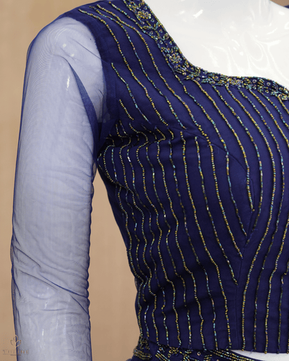 Elegant Deep Blue Net Skirt & Crop Top Set with Hand Bead Work - Product Code10299