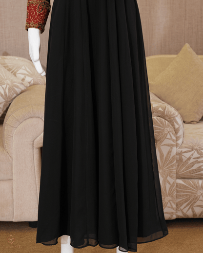 Panel Cut Top in Chiffon with Ajrak Print Yoke & Sleeves – Black & Brown Hue - Product Code 10337