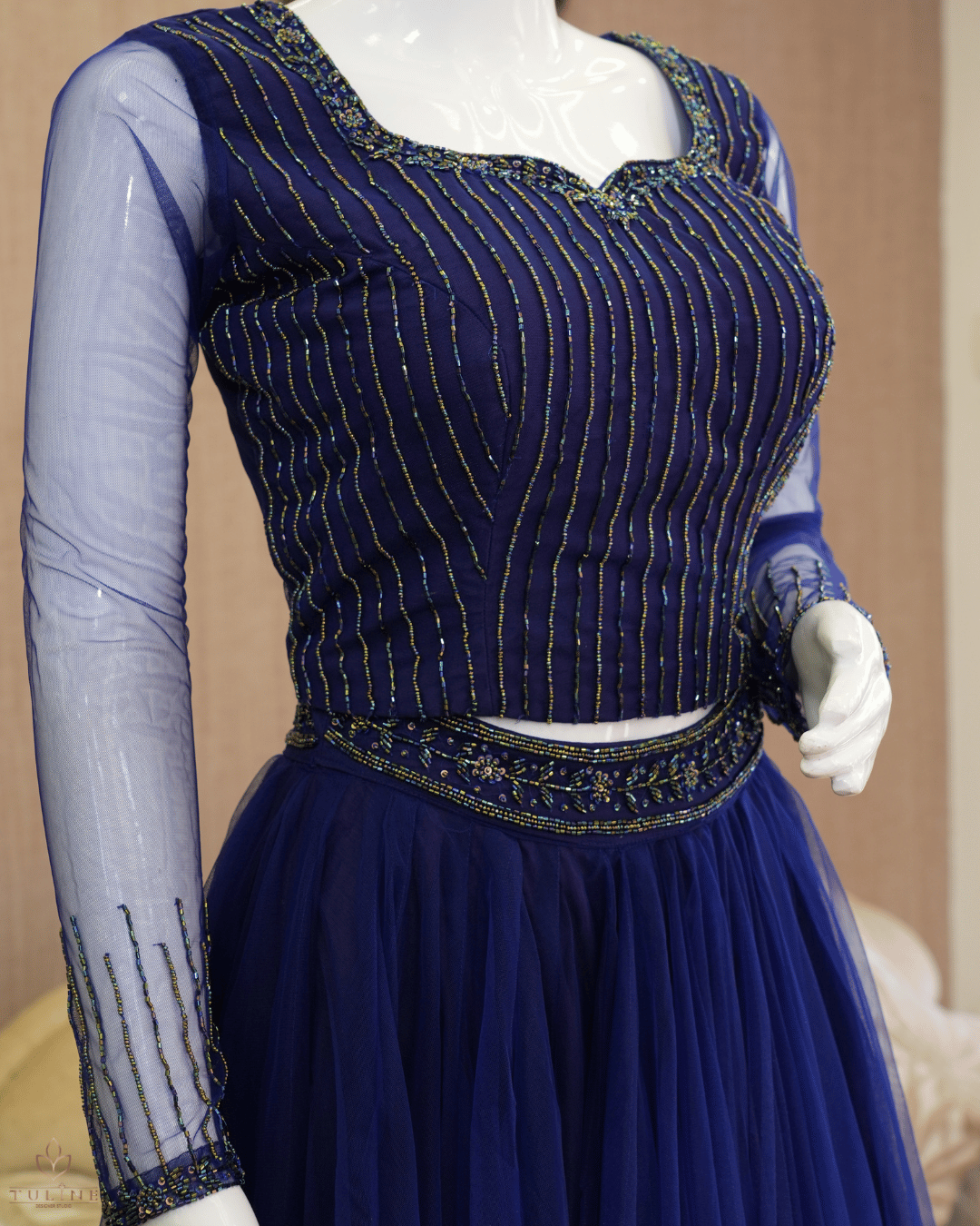 Elegant Deep Blue Net Skirt & Crop Top Set with Hand Bead Work - Product Code10299