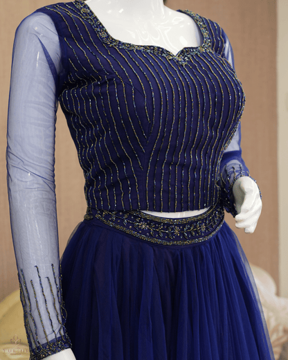 Elegant Deep Blue Net Skirt & Crop Top Set with Hand Bead Work - Product Code10299