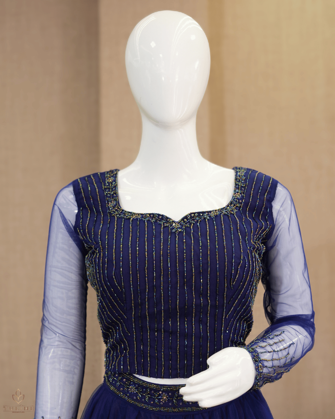 Elegant Deep Blue Net Skirt & Crop Top Set with Hand Bead Work - Product Code10299