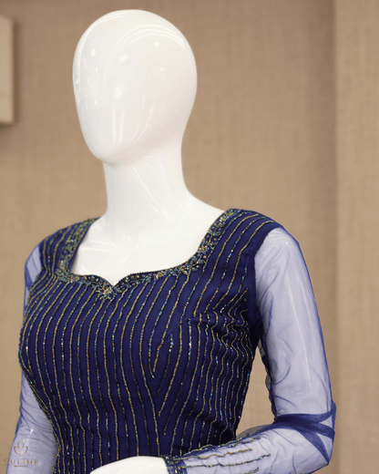 Elegant Deep Blue Net Skirt & Crop Top Set with Hand Bead Work - Product Code10299