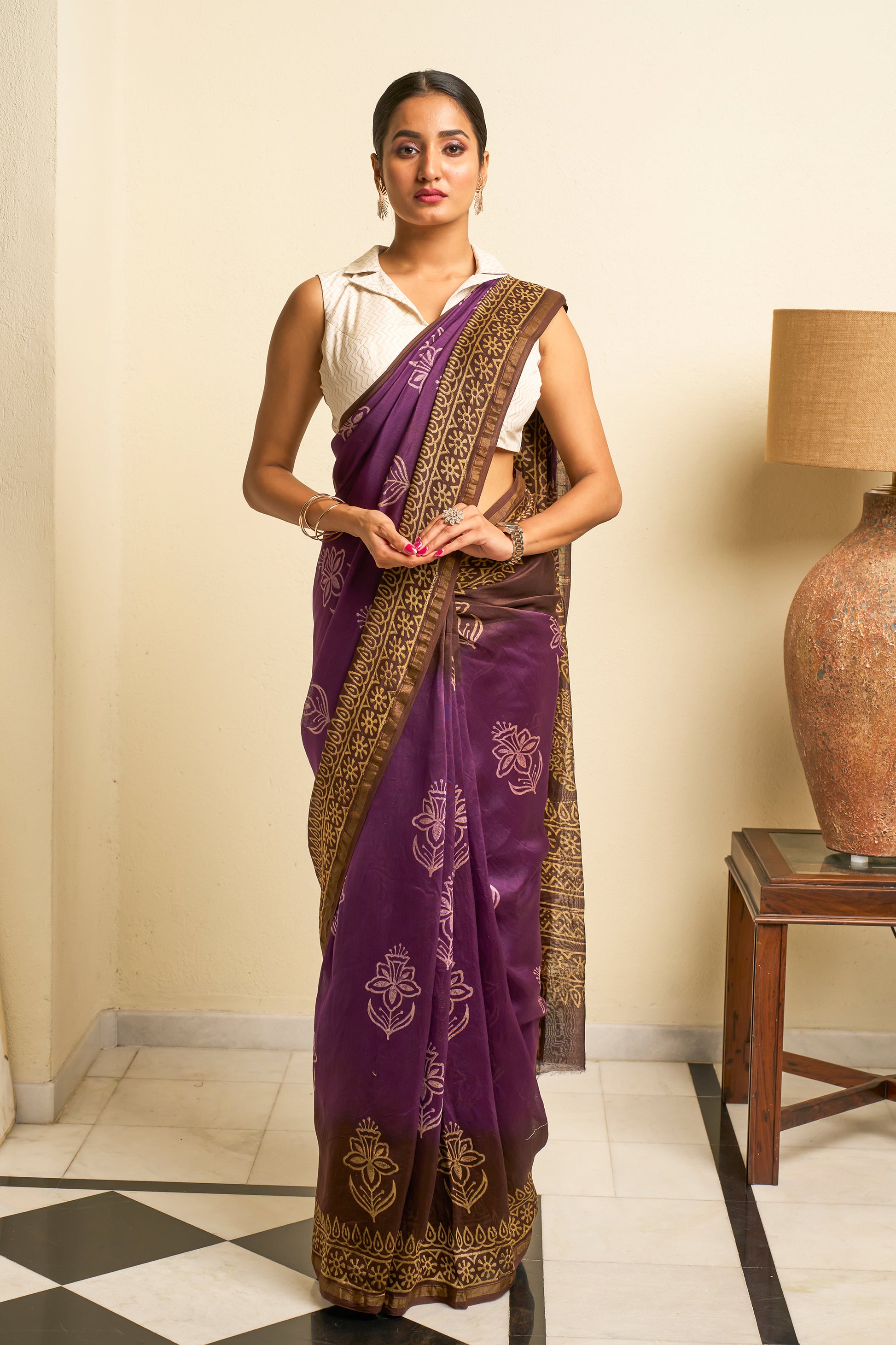 Deep Purple & Golden Yellow Chanderi Saree