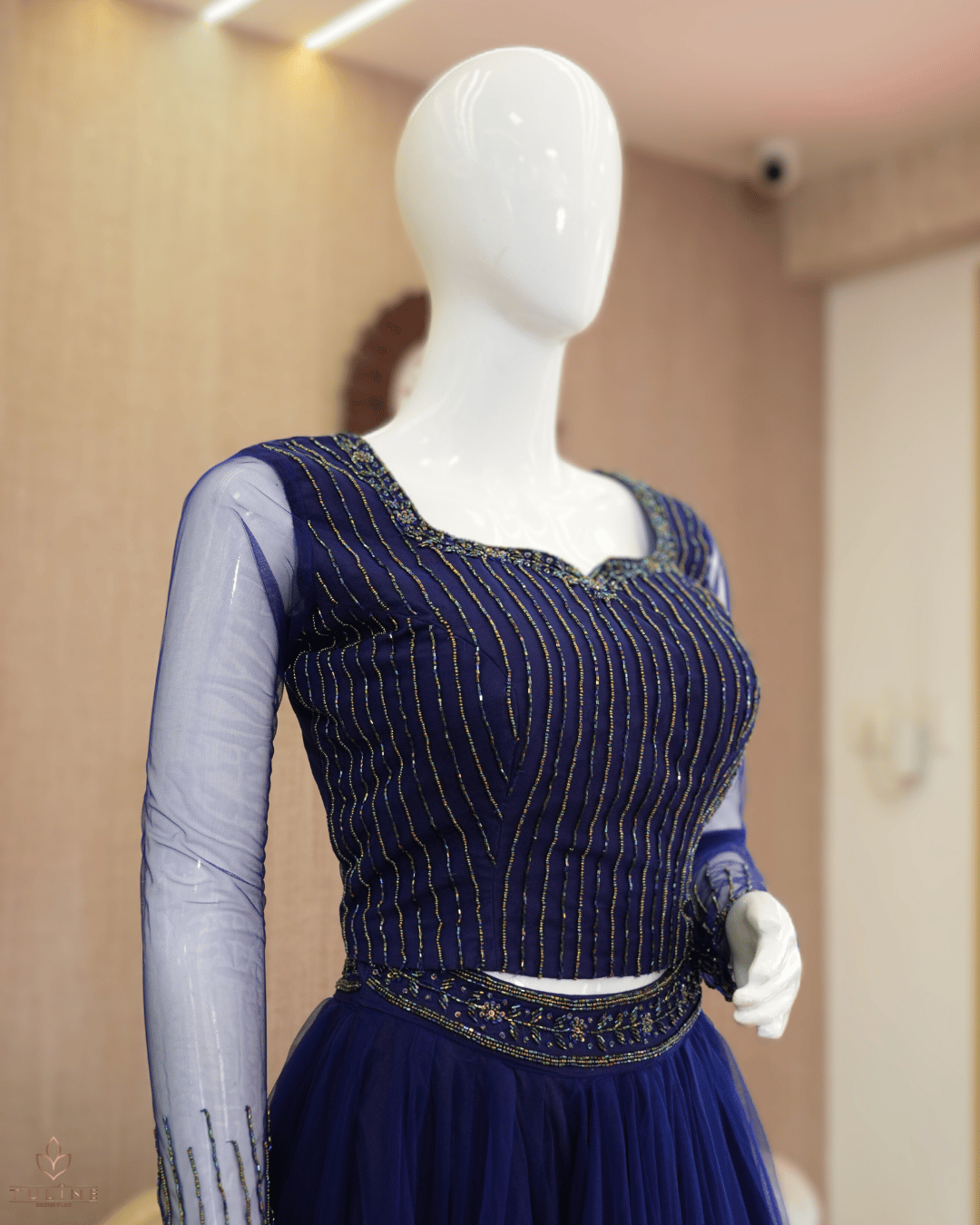 Elegant Deep Blue Net Skirt & Crop Top Set with Hand Bead Work - Product Code10299