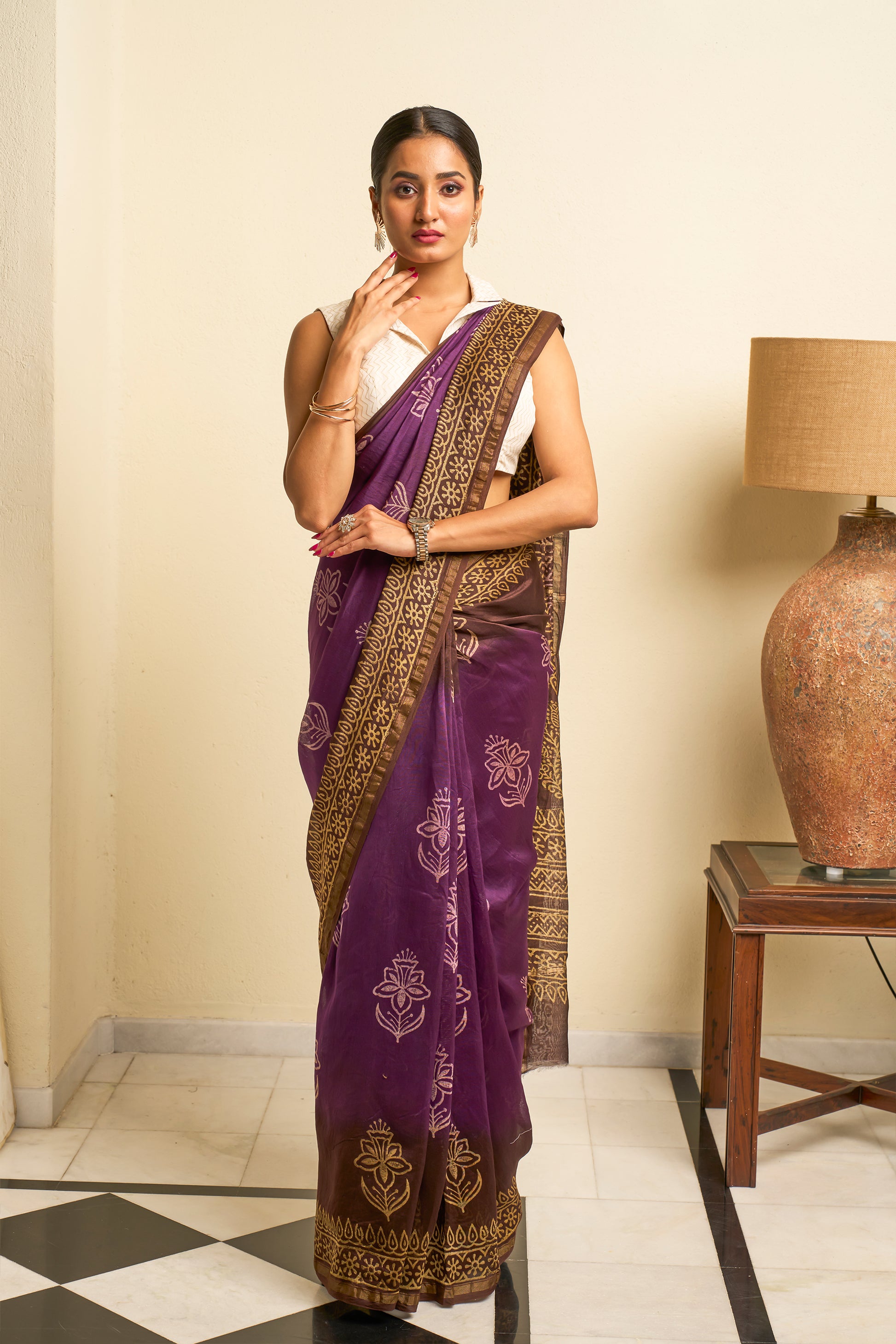 Deep Purple & Golden Yellow Chanderi Saree