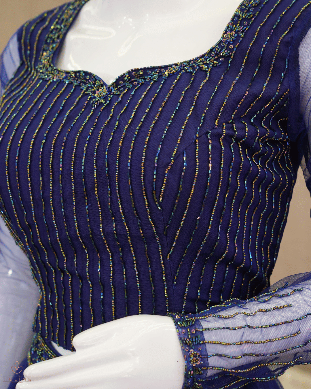 Elegant Deep Blue Net Skirt & Crop Top Set with Hand Bead Work - Product Code10299