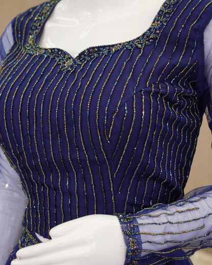Elegant Deep Blue Net Skirt & Crop Top Set with Hand Bead Work - Product Code10299